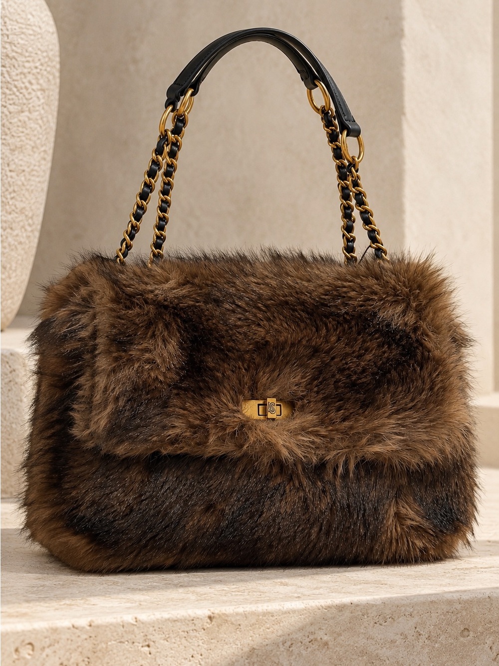 Steve Madden Brown Faux Fur Shoulder Bag with Gold Hardware